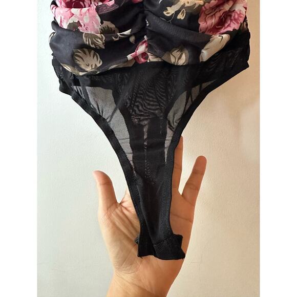 NWT Lulus Keep Blooming Black Floral Cutout Knotted Tie Mesh Bodysuit Size S - Picture 4 of 8